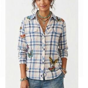 Johnny Was Olinda Western Plaid Shirt. Embroidered Butterflies. Small. Boho Fun